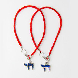 2 Red String Bracelets with Blue Chai pendants